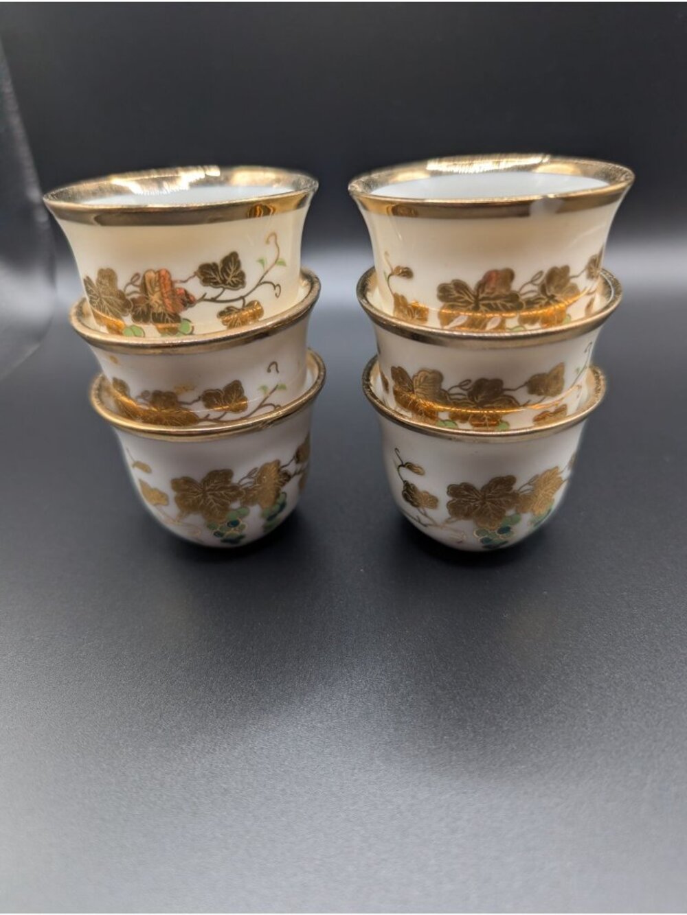 Set of 6 Vintage Porcelain Japanese Sake Cups 1960s Grape Leaf Gold Gilt